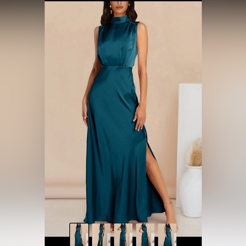 NWT | PrettyGarden Thigh Slit Mock Neck Satin Maxi Dress Women’s Size S